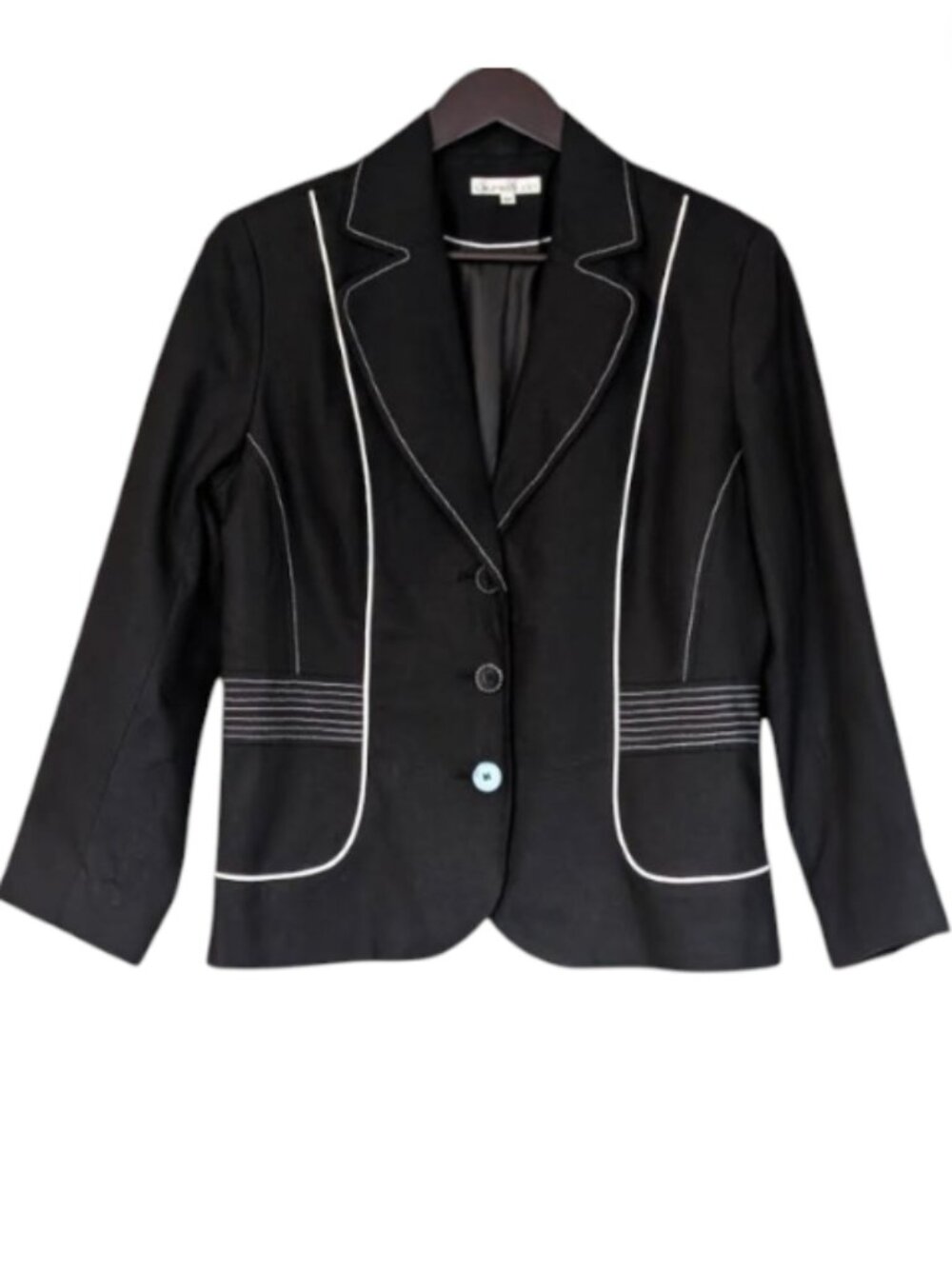 NWT Laura Studio Linen Blend Blazer Black White Piping Tailored Office Jacket